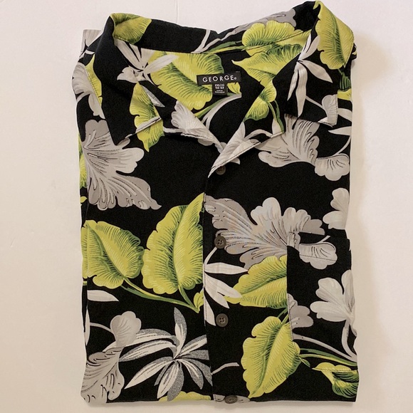George men’s leaf print on black button up 💯Rayon chest pocket s/s shirt 2XL 🌞 - Picture 3 of 12
